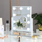 Makeup Vanity Mirror with Lights, Large Lighted Hollywood Make Up Mirror with 2 Storage Boxes for Dressing Room, Detachable 10X Magnification Mirror Touch Screen 9 Dimmable Bulbs 360° Rotation(White)