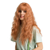 Long Wavy Wig GLAMADOR Women's Orange Wig with Bangs,Long Fluffy Curly Wace Hair Wig, Synthetic Full Replacement Wigs Heat Resistant Fiber Synthetic Cosplay Dating Dress Party Daily Use Wigs- 20"