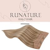 Runature Halo Hair Extensions Human Hair (14 Inches, Color 10P16) Golden Brown with Golden Blonde Human Hair 70g Hidden Fish Wire Hairpiece