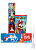 Super Mario Brothers "Gamer" 3pc. Bright Smile Oral Hygiene Set! Turbo Powered Toothbrush, Crest Kids Sparkling Toothpaste & Mouthwash Rinse Cup! Plus Bonus "Remember To Brush" Visual Aid!