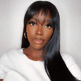 Straight Human Hair Wigs with Bangs Brazilian Unprocessed Virgin Hair None Lace Wigs Original Queen Machine Made Wigs with Elastic Bands 10 Inch