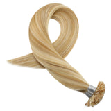 Moresoo 18 Inch Keratin Tip Human Hair Extensions U Tip Hair Remy Hair 1Gram 1Strand Color #14 Honey Blonde Highlighted with #613 Bleach Blonde Pre Bonded Hair Extensions 50Grams Per Pack…