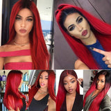 DLME Red Lace Front Wig Glueless Natural Hairline Middle Part High Temperatutre Fiber Long Straight Wig with Dark Roots Wigs For Women