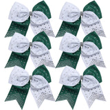 8 Inch 2 Colors Cheerleader Bows Ponytail Holder with Rhinestones Hair Tie Cheerleading Bows 6 Pcs (Forest Green/White)