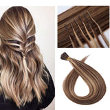22 Inches I Tip Remy Human Hair Extensions 100 Strands/Pack Pre Bonded Keratin Stick In Hair Extensions Cold Fusion Hair Piece Long Straight For Women #4P27 Medium Brown&Dark Blonde 22'' 50g