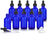 2 oz Cobalt Blue Glass Boston Round Dropper Bottle (10 Pack) + Funnel