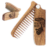 Beard Comb for Men - Pocket Folding Combs for Mustache & Hair Travel Natural Wooden Comb with Real Man Engraving - Perfect for Use w/Beard Balm Oil