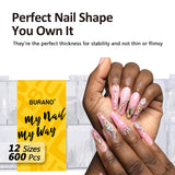BURANO 600PCS Clear Tips for Acrylic Nails with Nail Glue Set, Nail Extension Tips with 15ML 3in1 Nail Glue Half Cover Straight Clear Coffin Fake Nail Tips 12 Sizes H002