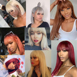 Fabeauty Straight Wigs With Bangs Virgin Brazilian None Lace Front Wigs Human Hair Wigs 150% Density Glueless Machine Made Wigs For Black Women (18inch, 613 wig)