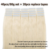 16 18 20 22 Inch Tape in Human Hair Extensions 100% Remy Straight Human Hair Professional Seamless Tape Skin Weft Extensions 40pcs 80g/pack Platinum Blonde (16'',#60)+ 20pcs Free Tapes
