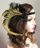 Anglacesmade Bridal 1920s Flapper Feather Headband Beaded Tassel Chain Feather Roaring 20s Headpiece Prom Party Festival Gatsby Hair Jewelry for Women and Girls