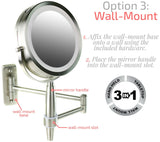 Ovente Makeup Mirror 7 Inch 1X, 3 in 1 Option of Handheld, Table Top , or Wall Mount, 8X Magnification and 3 Tones LED Light, Double-Sided, and 360 Degree Rotation Design, Nickel Brushed MFM70BR1X8X