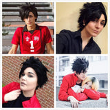 Mens Wigs Short Black Wigs for Kuroo Tetsurou Cosplay Haikyuu Costume Wavy Fluffy Cute Fashion Synthetic Wigs for Party Halloween DC011BK