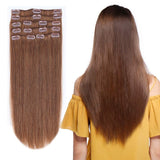 12-22inch Clip in Remy Human Hair Extensions #6 Light Brown Grade 7A Thick to End Full Head Natural Hair Long Straight 8 Pieces 18clips 80g 14"-16''