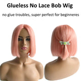 Colored Bob Wigs Human Hair Middle Part Brazilian Virgin Real Hair Wigs 180% Density None Lace Frontal Machine Made Wigs No Glue No Gel Human Hair Bob Wig Silky Straight Peach Pink 14 Inch