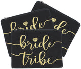 3pc Bride Tribe Makeup Bags - Bridesmaid Favor for Bachelorette Party, Bridal Shower, Wedding. Also Great as Toiletry Bag, Wedding Survival Kit, Hangover Kit, Keepsake (3pc Pack, Black & Gold)