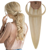 Hetto Natural Ponytail Extension Wrap Around Clip in Straight Hair Piece 16 Inch Ponytail Extension Blonde Highlighted Human Hair Extensions for Women 80 Grams