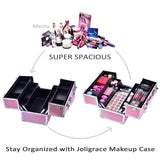 Joligrace Makeup Box Train Case - Professional 13.5 Inch Portable Aluminum Cosmetic Organizer Storage Box with 4 Adjustable Dividers Trays, 2 Locks and Shoulder Strap - Holographic Pink