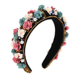 Padded Velvet Flower Rhinestone Headband - Crystal Baroque Padded Hairband with Flowers Embellished Hair Hoop Race Goth Wedding Party Headpiece (Colorful+Gold)