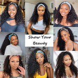 Deep Wave Human Hair Headband Wigs For Black Women Brazilian Virgin Human Hair Deep Curly Headband Wig Glueless None Lace Front 150% Density 12 Inch