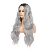 Sallcks Womens Ombre Gray Wig Long Curly Wavy Wigs Middle Parting Synthetic Heat Resistant Fiber Hair Replacement Wig for Daily Party Halloween Cosplay