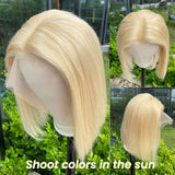 613 Bob Wigs 13x1x4 T Part Blonde Lace Front Wig Remy Hair Silky Straight Middle Part Bob Wigs Bleached Knots Glueless Wigs 150% Density 613 with Natural Hairline 12 Inches for Women(Take Color Well)
