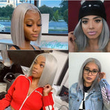 Lace Front Human Hair Bob Wigs T Part Short Straight With Baby Hair 180% Density 13x4x1 Lace Frontal Glueless Grey Straight Wig for Black Women Pre Plucked(8 inches)