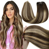 Balayage Hair Extensions Clip in Human Hair LaaVoo Brown Extensions Clip in Real Hair Color Dark Brown Fading to Caramel Blonde Mixed Brown Clip in Remy Hair Extensions 18Inch 7pcs/120g