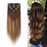 Ombre 100% Remy Human Hair Clip in Extensions Double Weft Full Head Thick Thickened Long Soft Straight 8pcs 18clips 14" / 14 inch 120g 4T27P4 Medium Brown to Dark Blonde mix Medium Brown