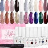 Aikker Large 8ml 20 Colors UV LED Soak Off Gel Nail Polish Starter Kit Varnish Gift Set with Base and No Wipe Top Coat Grace Set AK24