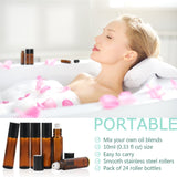 24, 10ml Roller Bottles for Essential Oils - Amber, Glass with Stainless Steel Roller Balls by Mavogel (3 Extra Roller Balls, 54 Pieces Labels, Opener, Funnel, Dropper, Brush Included)