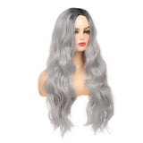Sallcks Womens Ombre Gray Wig Long Curly Wavy Wigs Middle Parting Synthetic Heat Resistant Fiber Hair Replacement Wig for Daily Party Halloween Cosplay