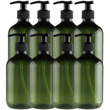 TEJAL 16oz Plastic Bottles with Pump, 8 Pack Liquid Soap Pump Bottles - Dark Green, Refillable Bottle for Cooking Sauces, Essential Oils, Bathroom, Kitchen, Office, Laundry Room, Lotions and More!