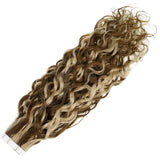 Easyouth Tape in Curly Hair Extensions Human Hair Natural Wave Hair Highlight Color Chocolate Brown Mixed Honey Blonde Hair Extensions Natural Wave 16 Inches 50g 20Pcs