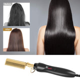 Gold Plated Heated Styling Comb Electric Hot Straightening Heat Pressing Comb Ceramic Curling Flat Iron Curler Designed Hair Straightener Curling Iron for Natural Black Hair,Wigs,Beards (Gold)