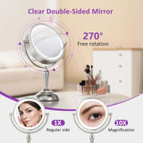 MIRRORMORE 8.5" Vanity Mirror with Lights, 10X Magnifying Mirror with 32 LEDs Lights, Double Sided Dimmable Lighted Makeup Mirror, Cordless or Plug in, Smart Switch, Senior Pearl Nickel