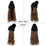 Qlenkay Beanie Hat Knit with Long Wavy Curly Hair Extensions Wig Dismountable Warm Knitted Pom Cap Attached 20inch Synthetic Hairpiece for Women Winter Light Chestnut Brown