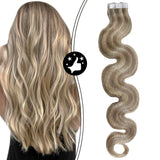 Moresoo 24 Inch Double Sided Wave Tape in Remy Human Hair Extensions Ash Blonde Mixed Bleach Blonde Human Hair Wave Hair Extensions PU Tape ins #P18/613 BW 50G/20pcs