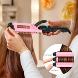 22mm (0.9") Crimper Hair Iron, Aima Beauty 3 Barrel Curling Iron Temperature Adjustable, Beach Hair Waver with LCD Temperature Display Dual Voltage, Pink