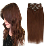 Sunny Clip in Auburn Hair Extensions 16 inch Double Weft Clip in Hair Extensions Human Hair #33 Auburn Brown Full Head Set Real Hair Clip in 7pcs 120g