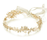 Ammei Vintage Bridal Crystal Headbands Wedding Headpieces Hair Pieces For Bride Bridesmaids Flower Girl Prom Hair Accessories With Ivory Ribbons Hair Vines (Gold)