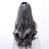 LOT ARTS 24 inches Silver Grey Ombre Wigs Dark Roots Long Curly Wavy Heat Resistant Synthetic Lace Front Wigs for Women