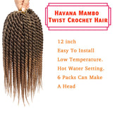 6Packs 12inch Havana Twist Crochet Hair Mambo Twist Braids Hair Senegalese Twists Hair Low Temperature Braiding Hair 12Strands/Pack(12inch/6packs, 1B-27)