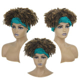 Headband Wigs with Bangs Short Afro Kinky Curly Wigs for Black Women Head Wrap Wigs 2 in 1 Synthetic Brown Blonde Wig for Women Afro Scarf Wigs Short Curly Hair Bun Ponytail With Curly Bangs AK007