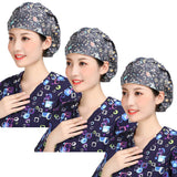 Unisex Bouffant Working Hat Cotton Shower Cap Adjustable Men Women Ponytail Cute Animal Pattern