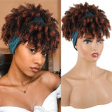 Aisaide Curly Wigs for Black Women,Headband Wigs with Bangs Wrap Wig 2 in 1 Synthetic Short Afro Kinky Curly Wig with Headband Attached Headwrap Wigs Drawstring High Afro Puff Brown Curly Wig Turban Wig