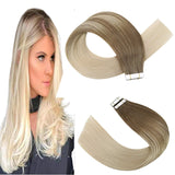 YoungSee Tape in Extensions Balayage Human Hair Platinum Blonde Mixed Light Brown Ombre Tape in Hair Extensions Human Hair 18 Inch 20pcs 50g
