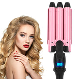 22mm (0.9") Crimper Hair Iron, Aima Beauty 3 Barrel Curling Iron Temperature Adjustable, Beach Hair Waver with LCD Temperature Display Dual Voltage, Pink