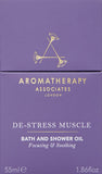 Aromatherapy Associates De-Stress Muscle Bath And Shower Oil 1.86oz. Immerse over-exerted muscles in the warming and soothing essential oils of Rosemary, warming Ginger and invigorating Black Pepper.