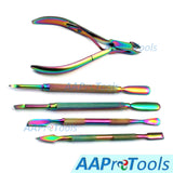 AAProTools Cuticle Pusher Remover with Nipper Colorful Stainless Steel manicuring Nail Art Tool Set